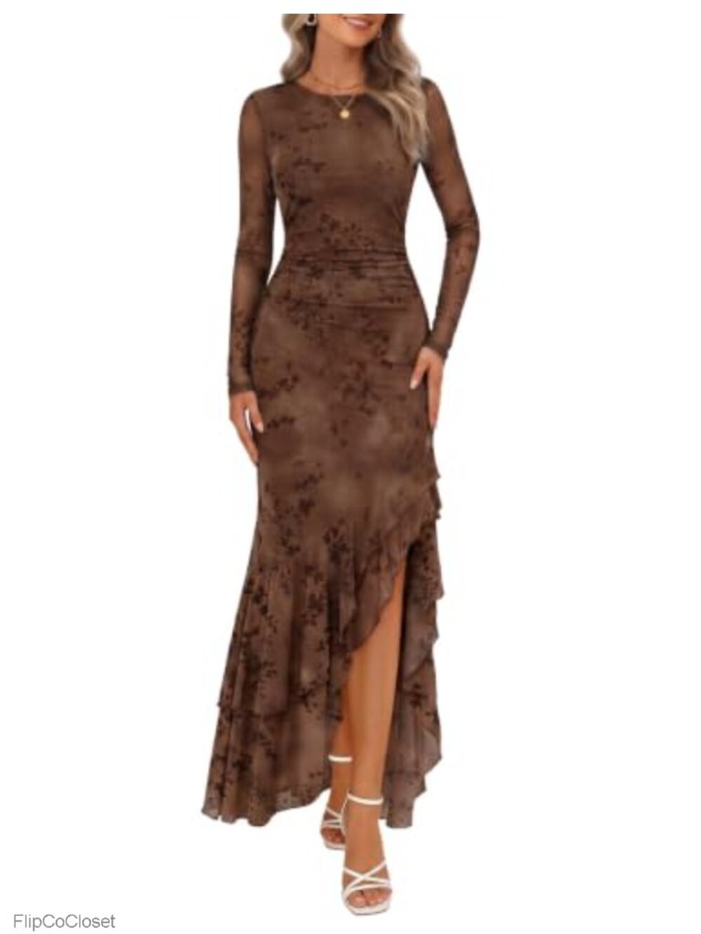 Elegant Formal Cocktail Maxi Dress with Velvet Pattern & Ruffled Hem